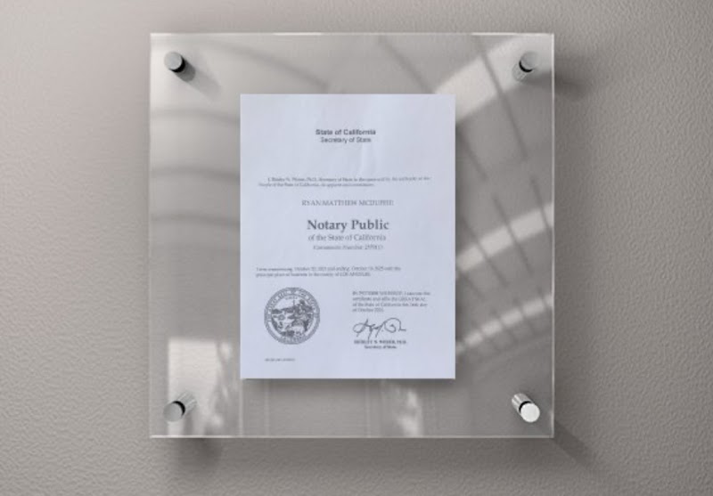 California Notary Public Commission Certificate for Ryan McDuffie